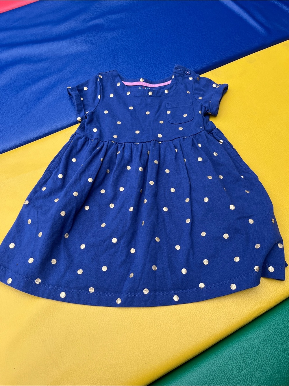 Mini Boden Girls' Navy Blue Polka Dot Cotton Dress 2-3y